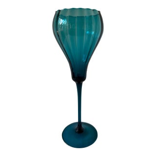 Italian Mid 20th Century, Ribbed Optic Empoli Compote on Long Stem in Peacock/Teal For Sale
