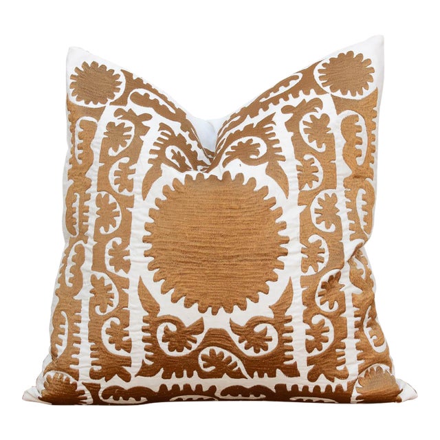 Gold Scrollwork Suzani Zar Pillow Cover For Sale