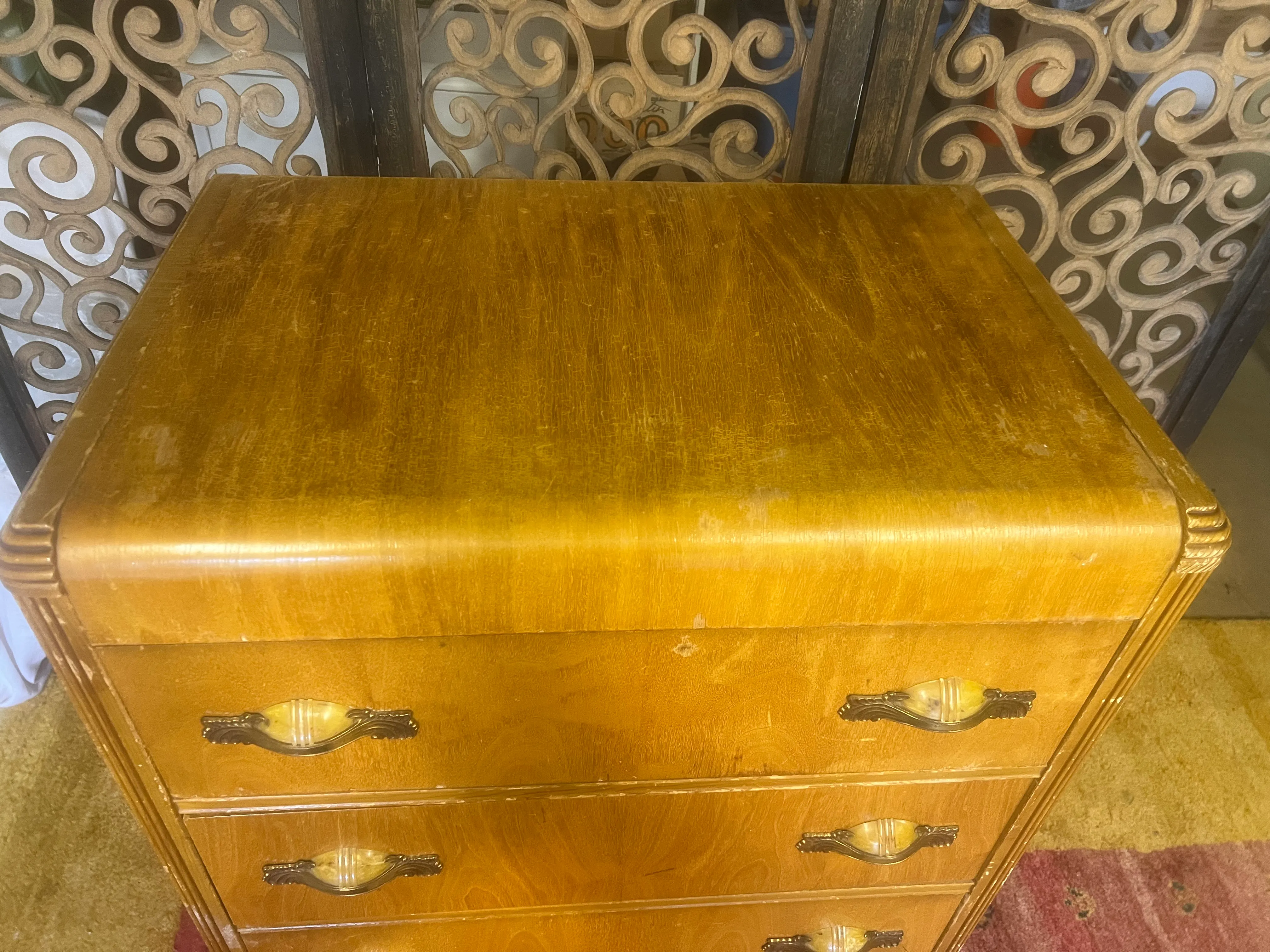 Vintage Art Deco Waterfall Highboy Dresser With Bakelite Handles