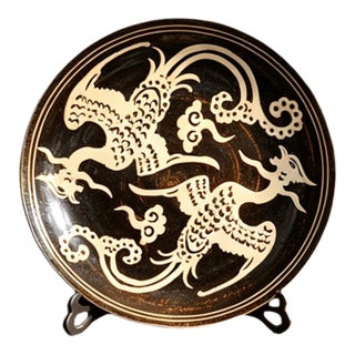 Chinese Ceramic Plate,Jizhou Ware Black Glaze Porcelain Plate Hand Carved Double Phoenix Pattern For Sale
