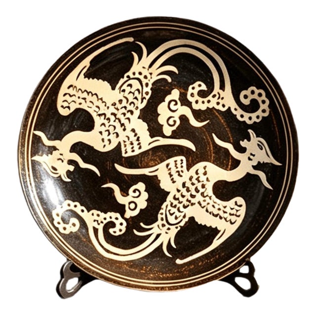 Chinese Ceramic Plate,Jizhou Ware Black Glaze Porcelain Plate Hand Carved Double Phoenix Pattern For Sale