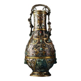 Antique Chinese Bronze Vase With Gold & Silver Inlay, Gemstones & Chain Handle For Sale