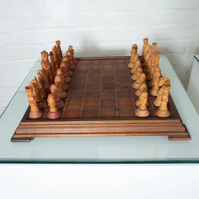 Vintage Hand-Carved Wood and Leather Chess Set For Sale - Image 4 of 11