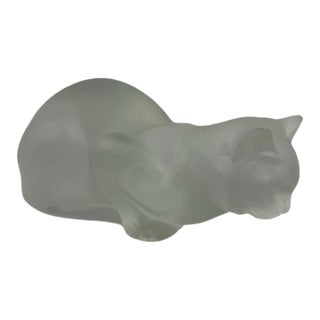Lalique France Chat Couché Frosted Crystal Crouching Cat Figurine Signed For Sale