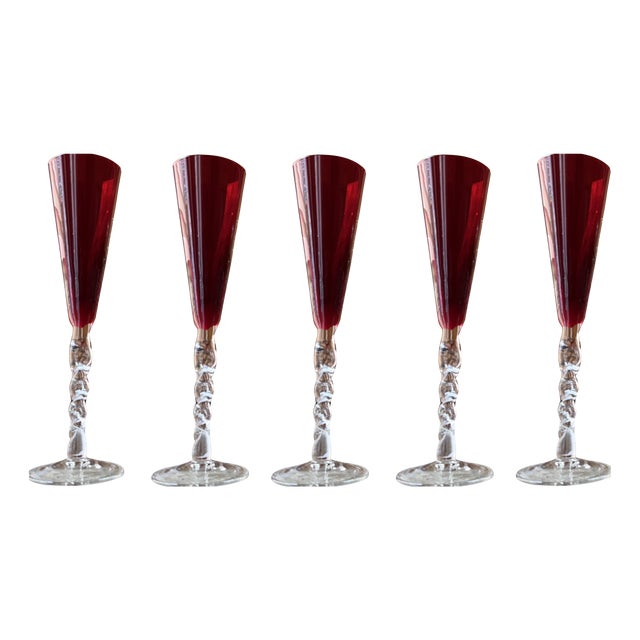 Vintage Champagne Flutes in Hand-Blown Venetian Glass from 1295 Murano, 1970, Set of 5 For Sale