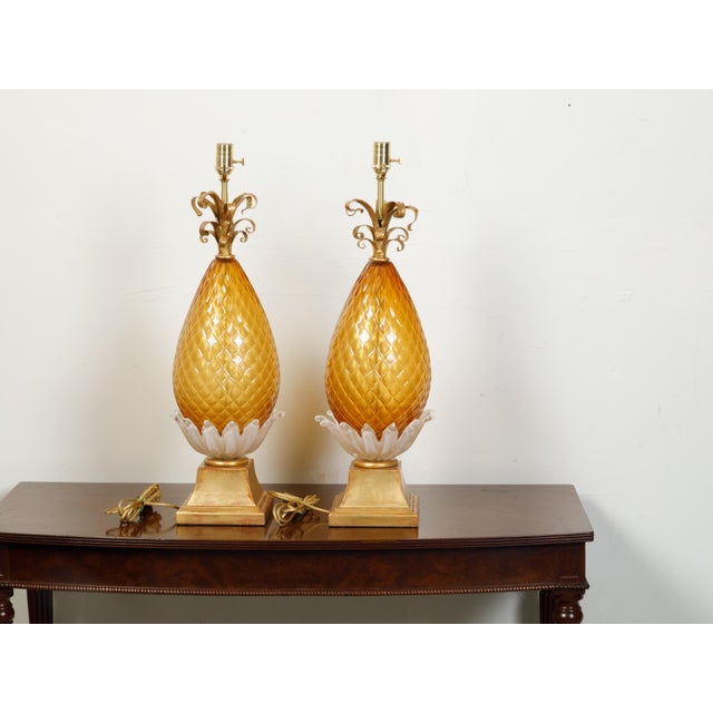 Hollywood Regency Pair of Venetian Murano Glass Pineapple Style Table Lamps with Gilt Scrolls For Sale - Image 3 of 8