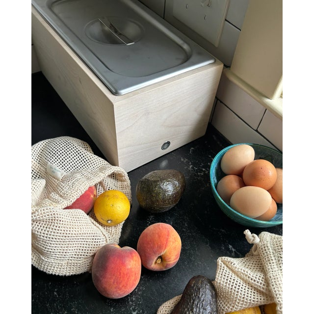 Tan Countertop Compost Bin - Noaway© in Magnolia Wood and Stainless Steel For Sale - Image 8 of 9