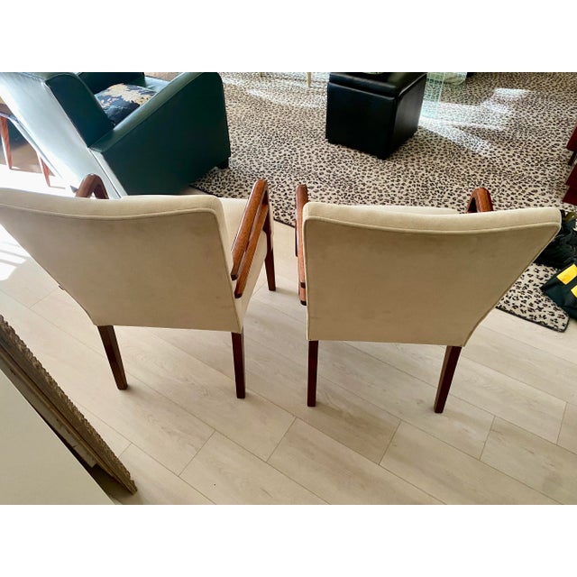 PAIR of Art Deco Mahogany Upholstered Matching Side Chairs with Double Wood Arms. Upholstered in Beige Velvet.