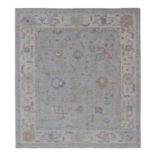 Modern All-Over Floral Oushak With a Light Gray Background With Delicate Accents For Sale