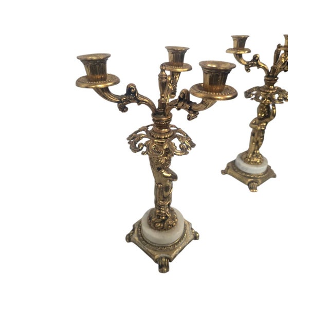 Pair of Vintage French Rococo-Style Figural Three-Light Candelabras With Marble Bases For Sale - Image 4 of 8