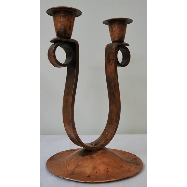 Metal Mid Century Handmade Hammered Copper Double Candlesticks - a Pair For Sale - Image 7 of 13