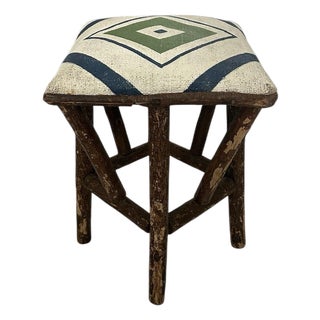 Antique Rustic Adirondack / Arts & Crafts / Primitive Folk Art Twig / Branch Stool With Hand Painted Cushion For Sale