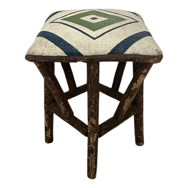 Antique Rustic Adirondack / Arts & Crafts / Primitive Folk Art Twig / Branch Stool With Hand Painted Cushion For Sale