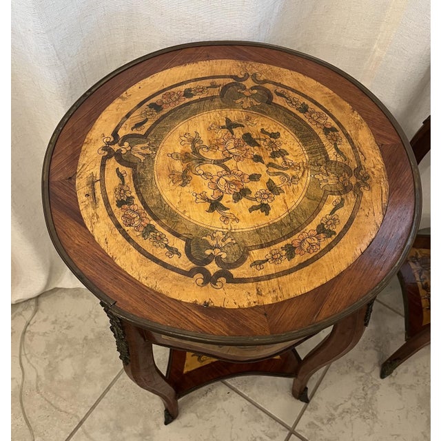 French Mid-Century French Louis XV Style Marquetry Side Tables For Sale - Image 3 of 16