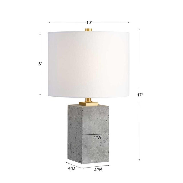 Petite Concrete Base Lamp. Great contemporary/ modern brutalist lamp. Gold metal accents.White round hardback drum shade...