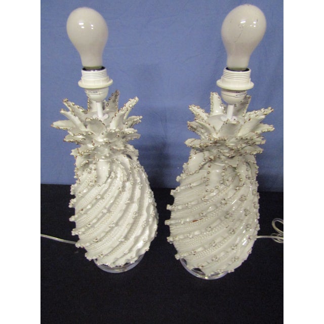 2000 - 2009 Ceramic Pineapple Lamps with White Glaze and Drum Shades - a Pair For Sale - Image 5 of 7