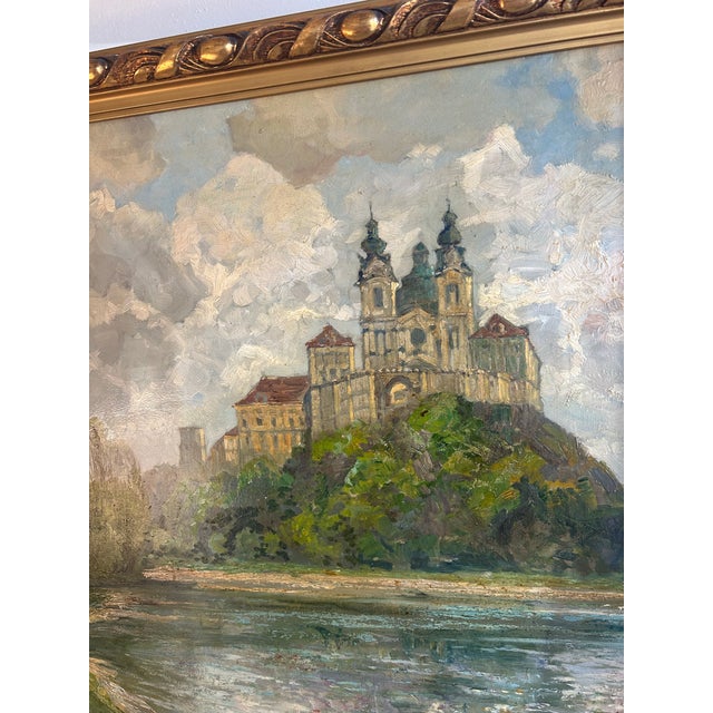 Tranquil antique framed European impressionist figural oil painting of the Melk Monastery overlooking the Danube River in...