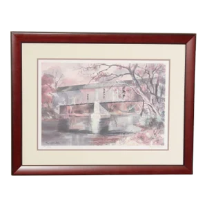 Late 20th Century Ranulph Bye Bucks County Covered Bridge Watercolor Print