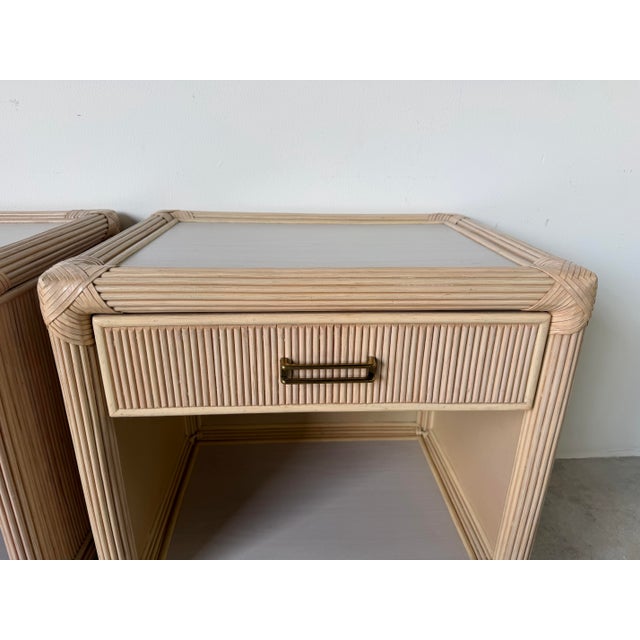 Vintage Coastal Rattan & Leather Top One-Drawer Nightstands – A Pair For Sale - Image 11 of 12