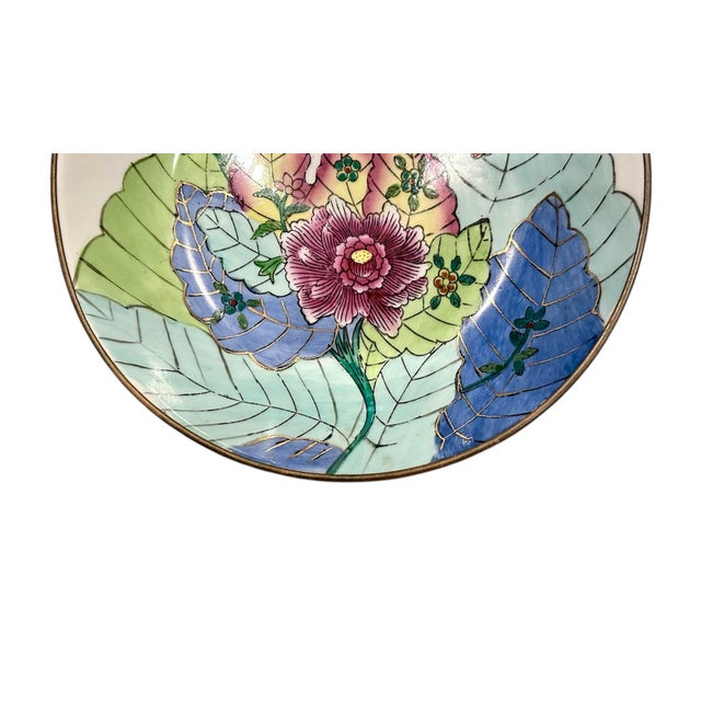 Chinoiserie Vintage Chinoiserie Tobacco Leaf Porcelain Ware Bowl / Plate / Vide Poche / Catchall Encased in Brass For Sale - Image 3 of 4