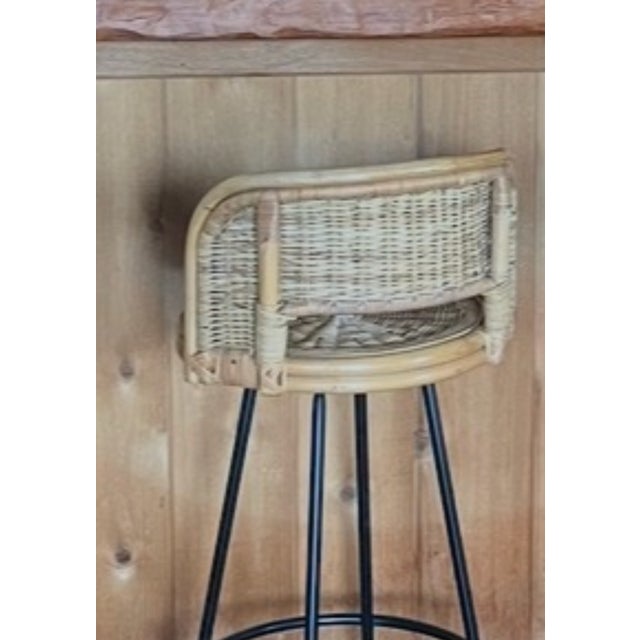 4 1960s Wicker/Bamboo/Wrought Iron Swivel Stools For Sale - Image 11 of 15
