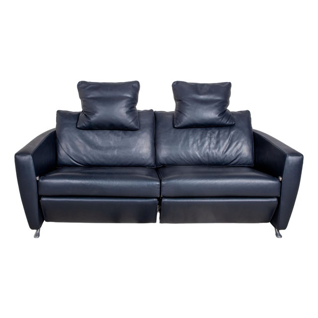 Dark Blue Leather Sesame Two-Seater Sofa with Chrome Feet from FSM For Sale