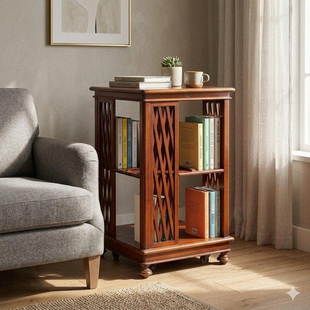 Open mahogany bookcase. Two overlapping open compartments with a half-wall of latticework. Turned legs with casters added...