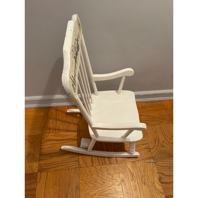 1970s 1970s Vintage White Wooden Children’s Nursery Rocking Chair With Black Etching and Music For Sale - Image 5 of 11