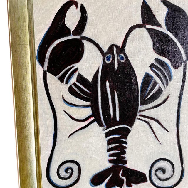 Original Framed Lobster Painting, Dark Academia Coastal Wall Art, Oil on Canvas in Ornate Gold Frame, 14x17 Maximalist Boho Home Decor For Sale - Image 4 of 5