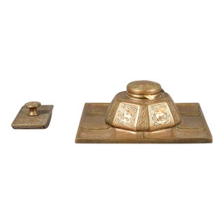 Tiffany Studios New York Zodiac Bronze Inkwell With Pen Tray and Rocker Blotter For Sale