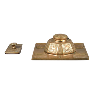 Tiffany Studios New York Zodiac Bronze Inkwell With Pen Tray and Rocker Blotter