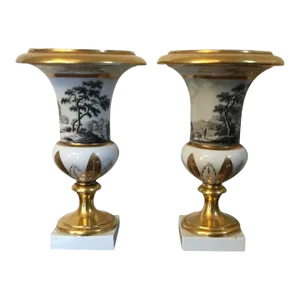 Antique 18th Century Paris Porcelain Vases Decorated with en Grisaille Forest Landscape - A Pair