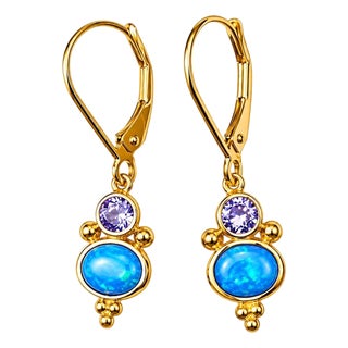 Mid 20th Century 14k Yellow Gold Blue Opal Tanzanite Dangle Drop Designer Earrings, Pair For Sale