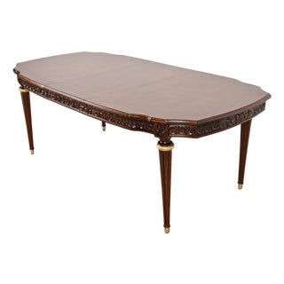 Henredon Style French Regency Louis XVI Carved Mahogany and Burl Wood Extension Dining Table, Newly Refinished For Sale