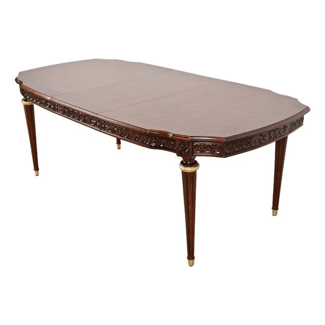 Henredon Style French Regency Louis XVI Carved Mahogany and Burl Wood Extension Dining Table, Newly Refinished For Sale