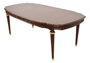 Henredon Style French Regency Louis XVI Carved Mahogany and Burl Wood Extension Dining Table, Newly Refinished