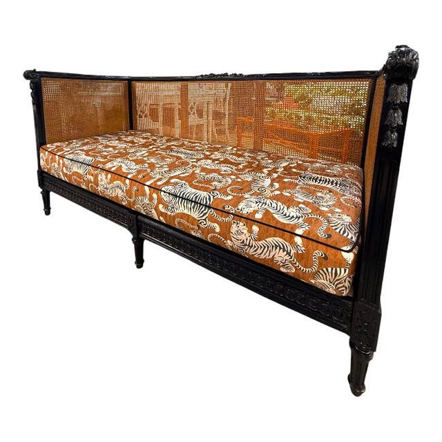 Vintage Black High-Gloss Lacquer Double-Caned Daybed With Custom Tiger Upholstery For Sale - Image 4 of 16