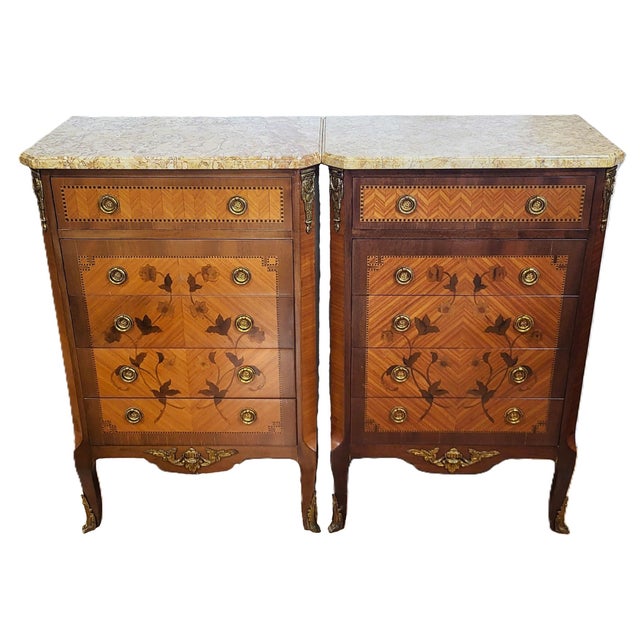 Pair Antique French Louis XV Style Inlaid & Sienna Marble Chest Commodes Signed For Sale - Image 13 of 18