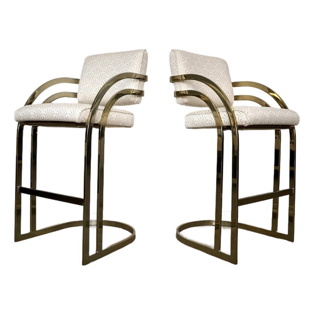 1980’s Art Deco Hollywood Regency Brass Bar Stools - A Pair For Sale