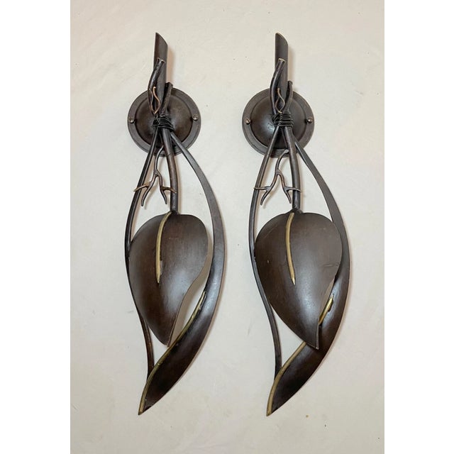 Contemporary Pair of Handmade Italian Bronze Patinated Cast Iron Leaf Wall Sconce Fixtures For Sale - Image 10 of 18