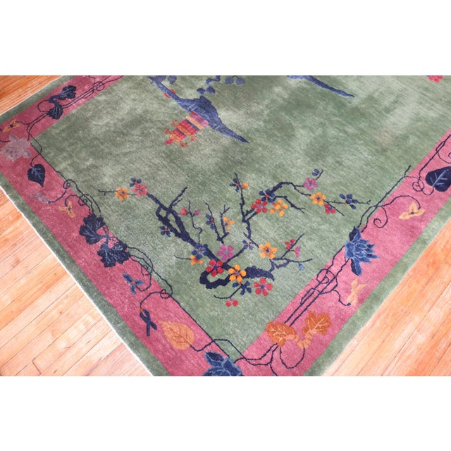 Mid 20th Century Pink Green Antique Chinese Art Deco Foyer Size Carpet For Sale - Image 5 of 18