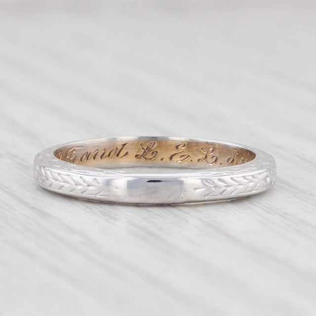Modern Anitque Caldwell Band 18k White Gold Wheat Etched Wedding Ring Size 6.5 Engraved For Sale - Image 3 of 7