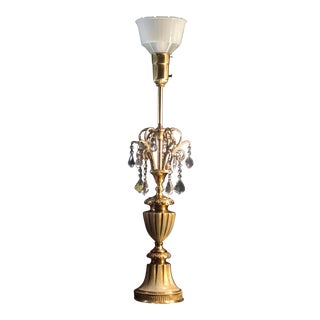 Floor Lamp Brass Crystals With Glass Shade Vintage Torchiere For Sale