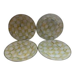 Mackenzie Childs Parchment Check Salad Dessert Appetizer Enamel Plates - Set of 4 For Sale