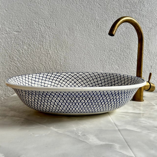 Farmhouse Blue Oval Sink for Bathroom Vessel Sink, Oval Handmade Ceramic with Drain For Sale - Image 3 of 8