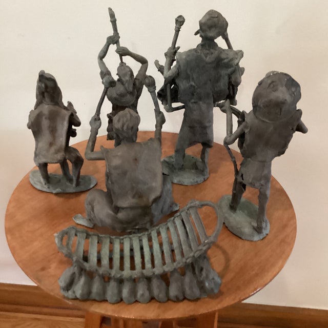 Antique Ashanti Figural Bronze Musicians Group Sculptures Deep Verdigris 6 Pieces For Sale - Image 10 of 12