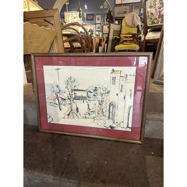 Nicola Sgambati, The Glimpse of a Small Village, 1920s, Watercolored Print, in Flawless conditions. Designed 1920 to 1949