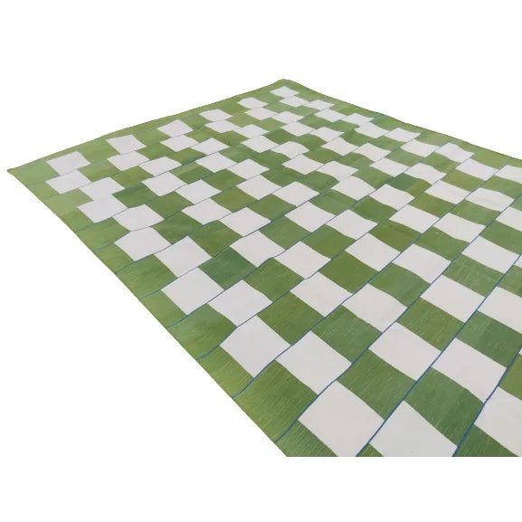 Green Handmade Cotton Vegetable Dyed Moss Green and White Striped Block Rug 8'x10' For Sale - Image 8 of 10