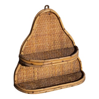 Vintage Woven Rattan and Bamboo Curvy Two-Tiered Wall Shelf For Sale