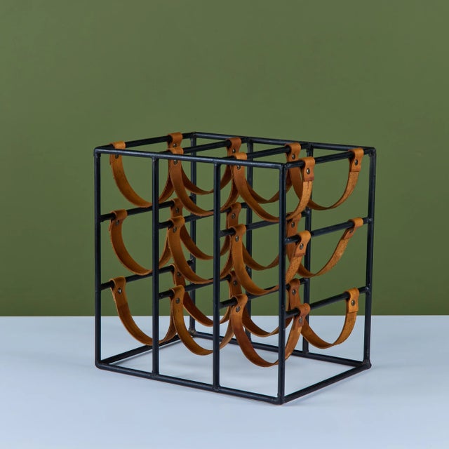 Mid-Century Modern Mid 20th Century Arthur Umanoff Wrought Iron and Leather Wine Rack For Sale - Image 3 of 17